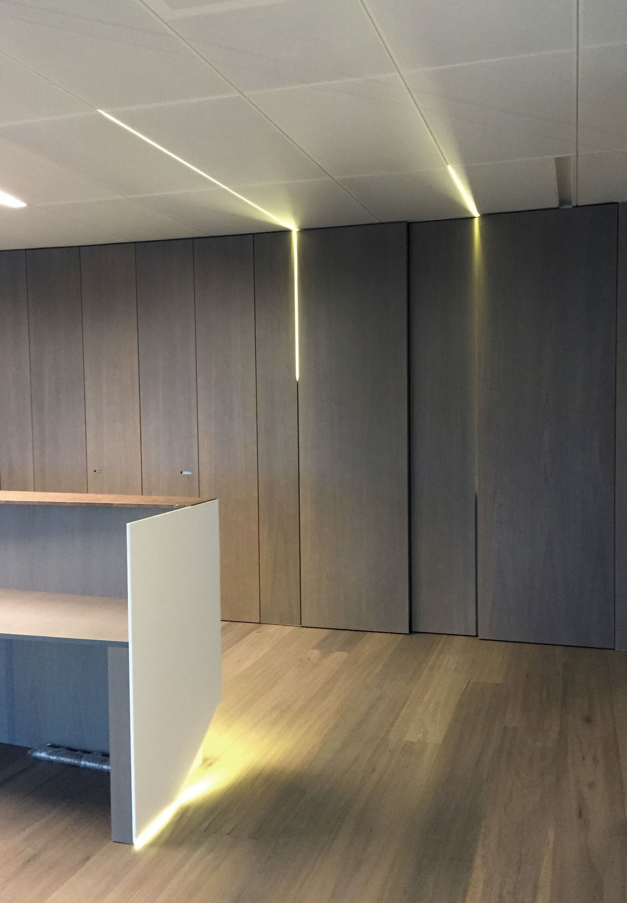 Dark wooden wall with lighting design where the light is L shaped from the wall up to the ceiling