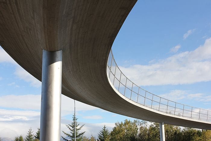 Breidholtsbru seen from underneath showing the curved structure