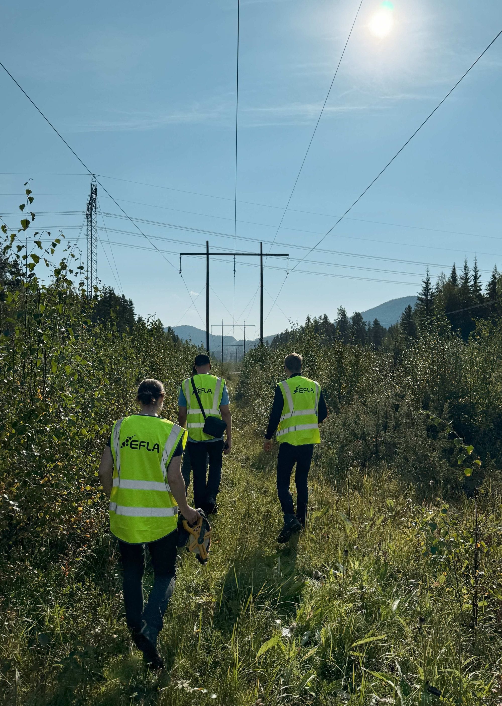 People in yellow vests walking towards a power mast