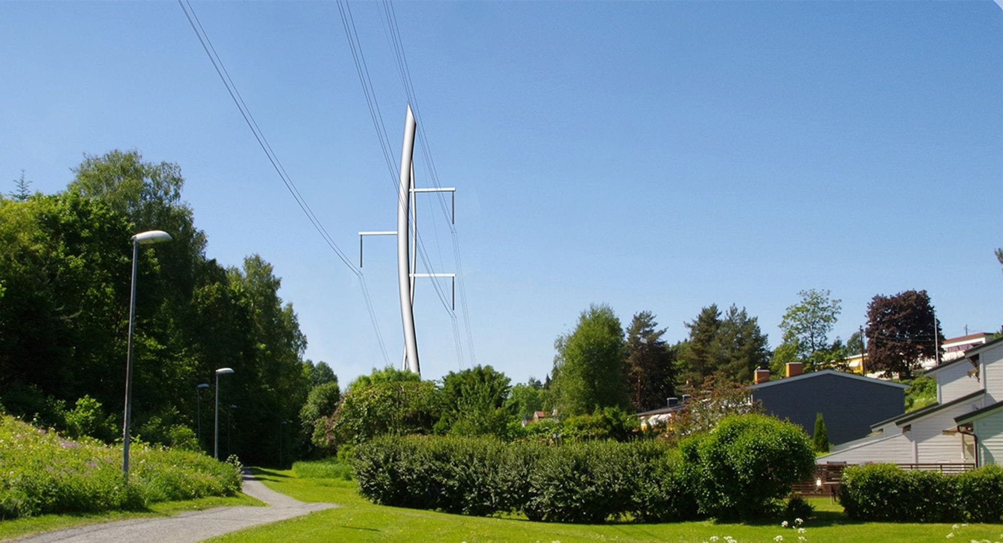 Rendering of a design mast in a real environment of forests and buildings