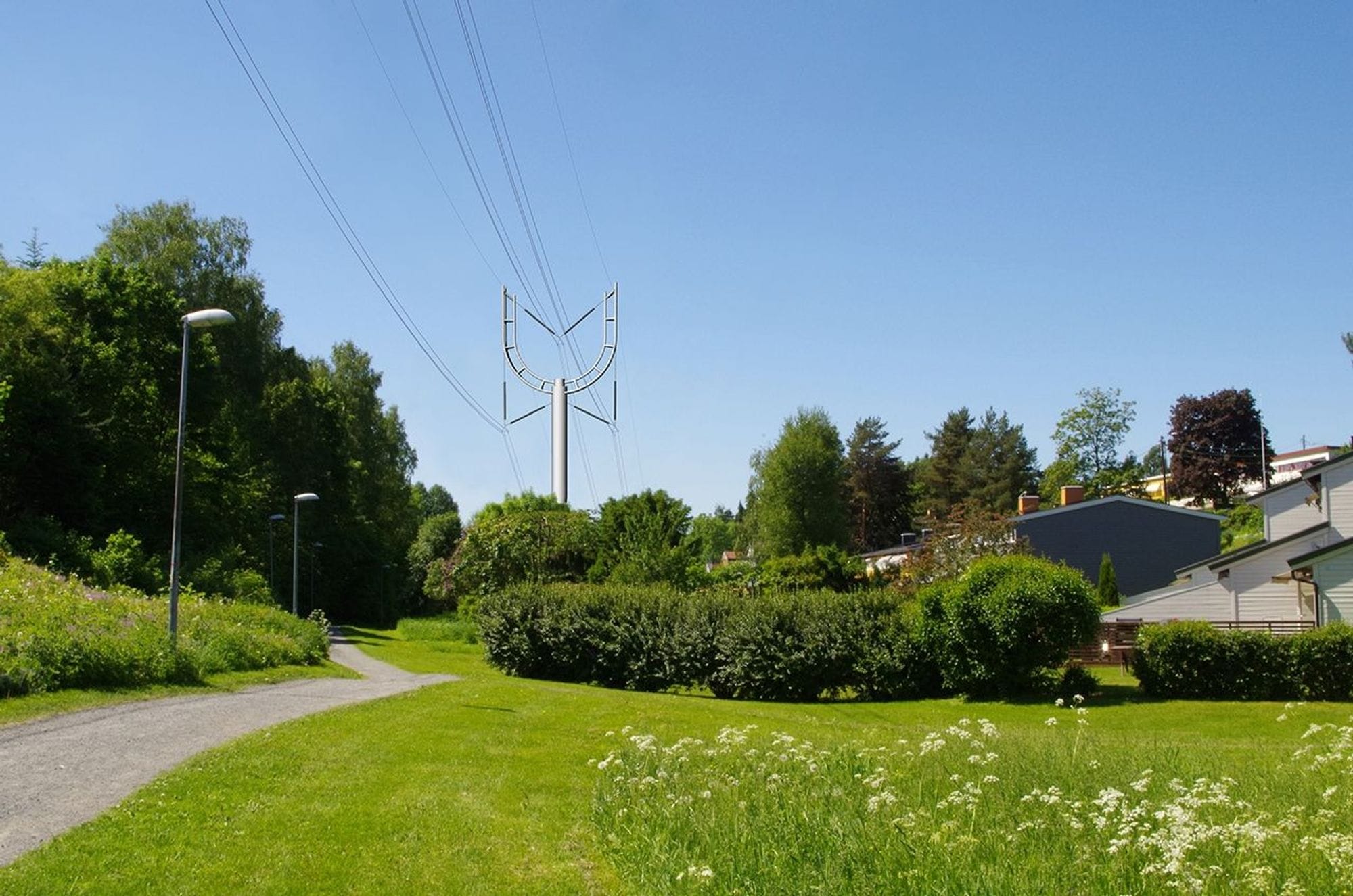 Rendering of a design mast in a form of a tulip in a real environment of forests and buildings