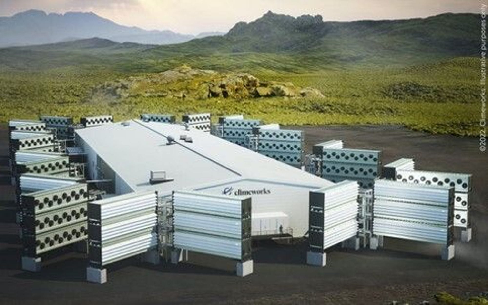 Drawing of a carbon capture station at Hellisheidi, moss and rough terrain in the background