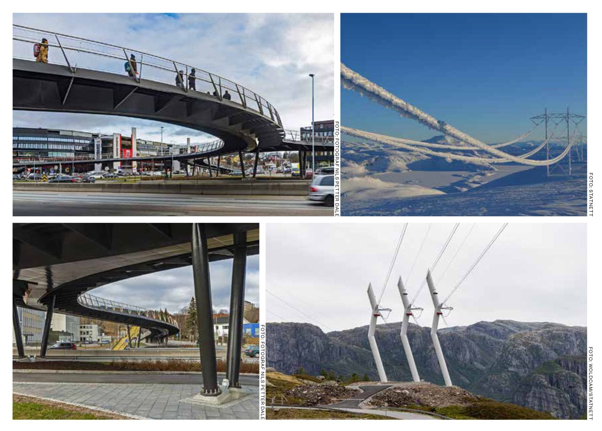 Four image collage - two bridges, and two electrical masts