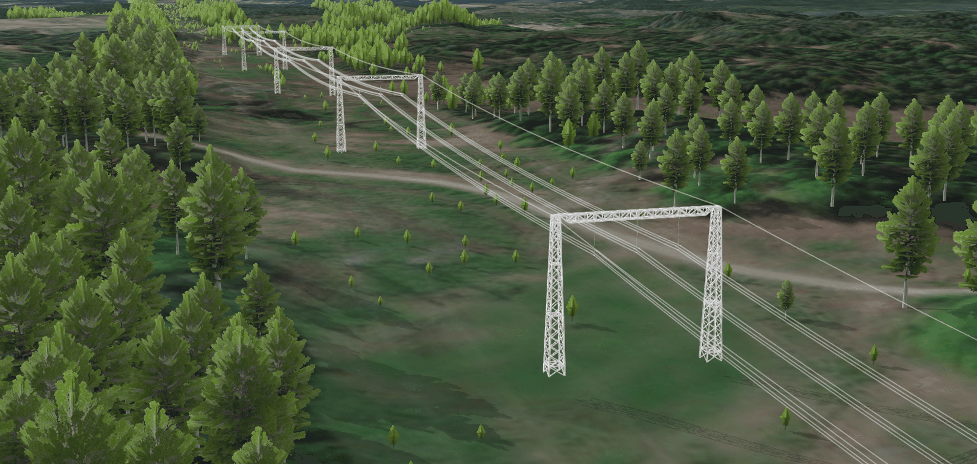 Renderring of lågbyggda stolpar in forest surroundings