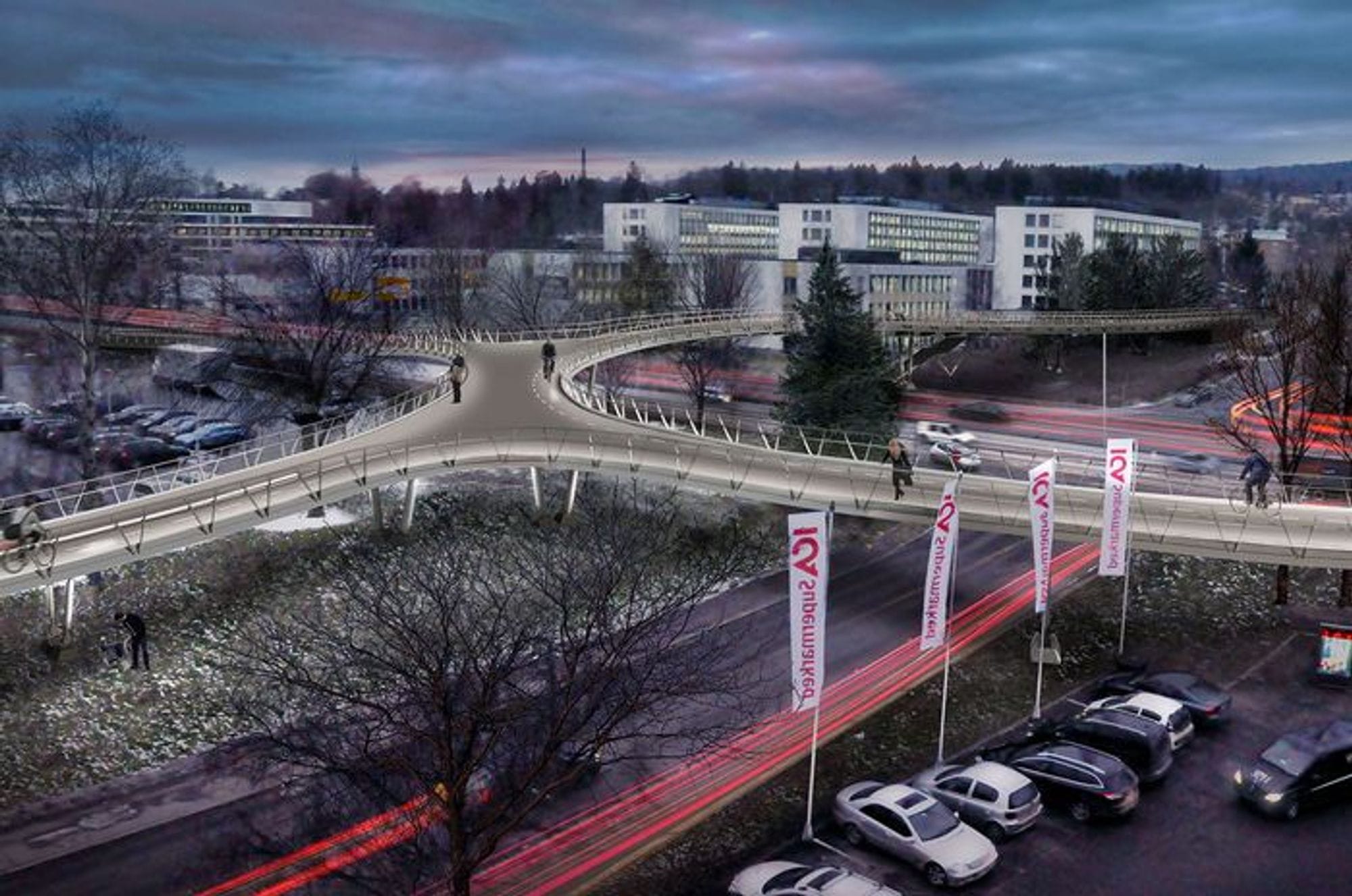 Ulleval stadion from above, footbridge that goes over roads in a soft x shape