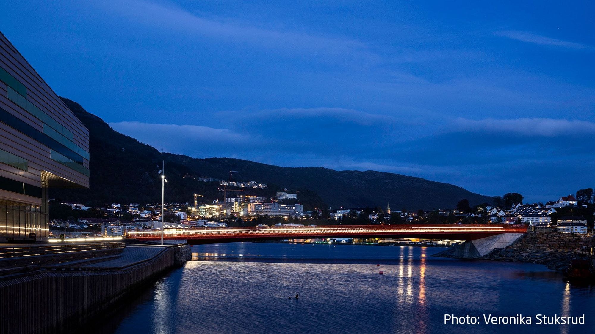 A red bridge with ligthing seen in the dark