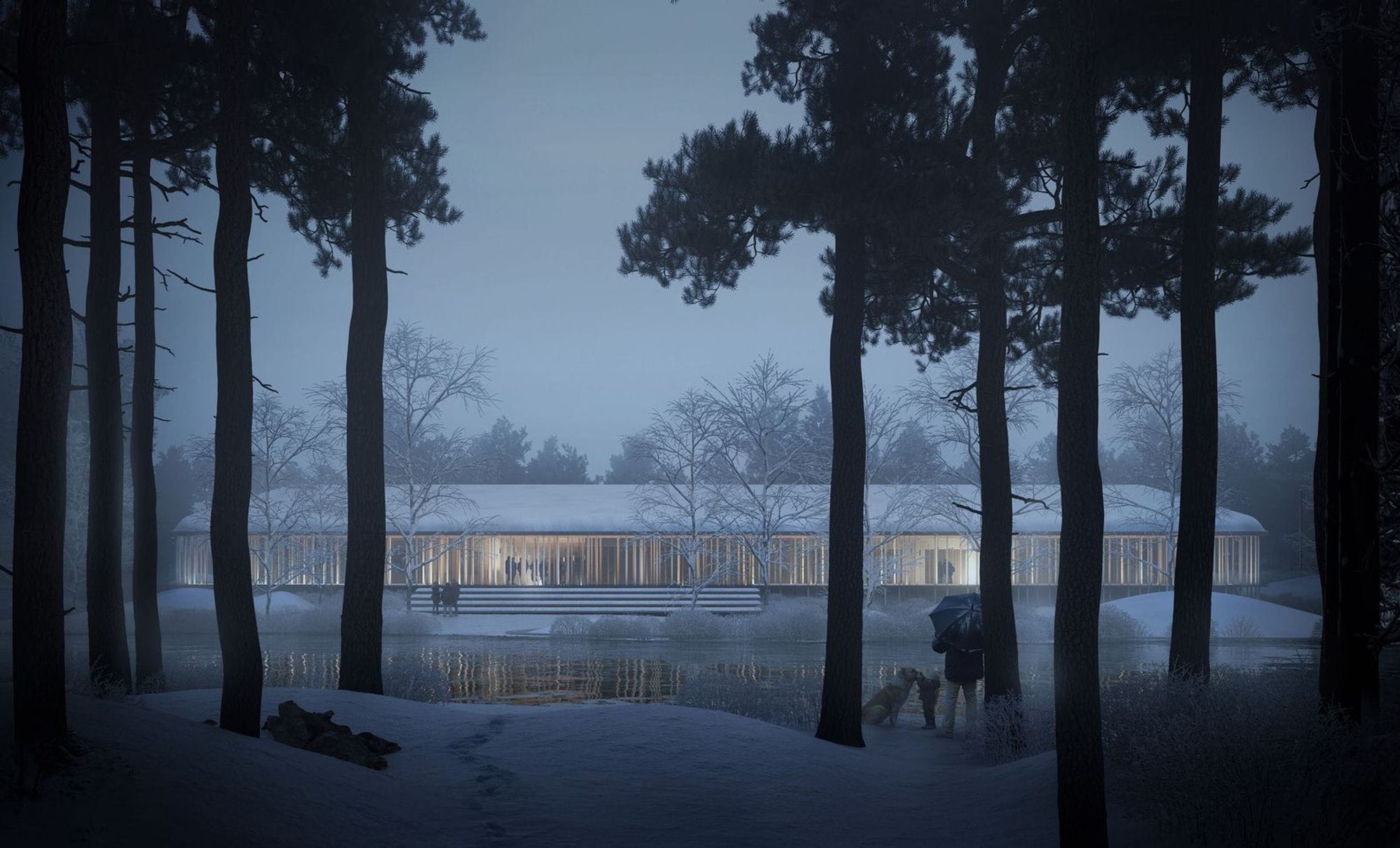 Computer drawing of a wooden museum building in the wood during night, dark outside