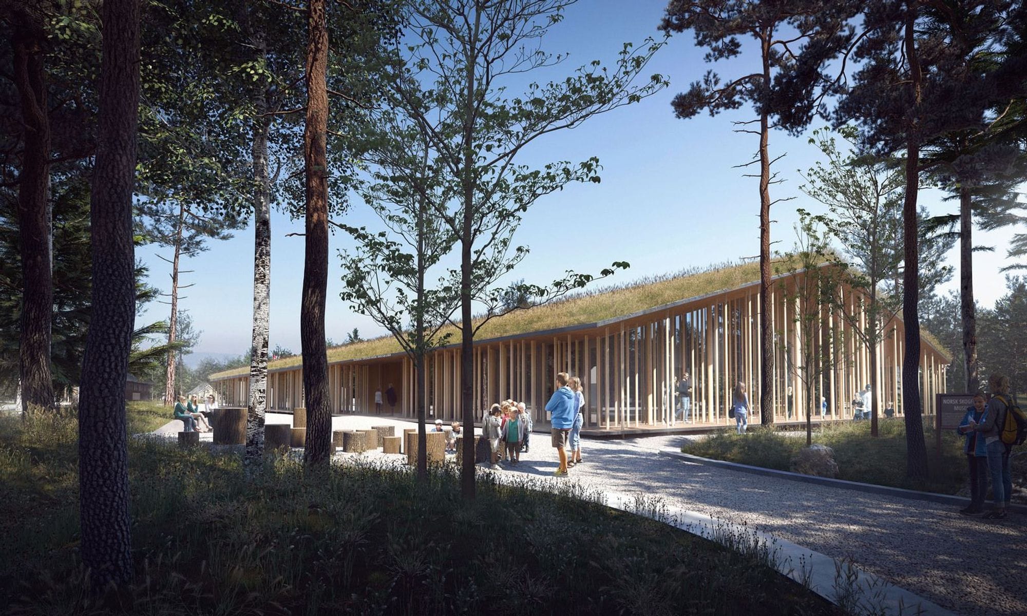 Computer drawing of a big museum in a woodland, people walking by