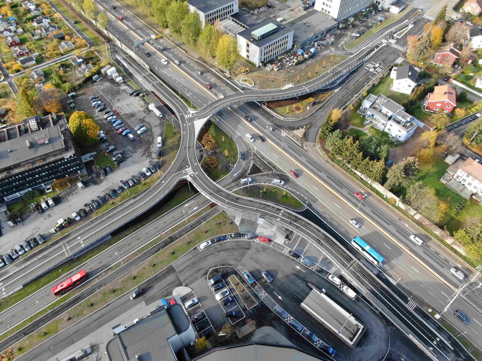 Aerial view of a bridge over a street system