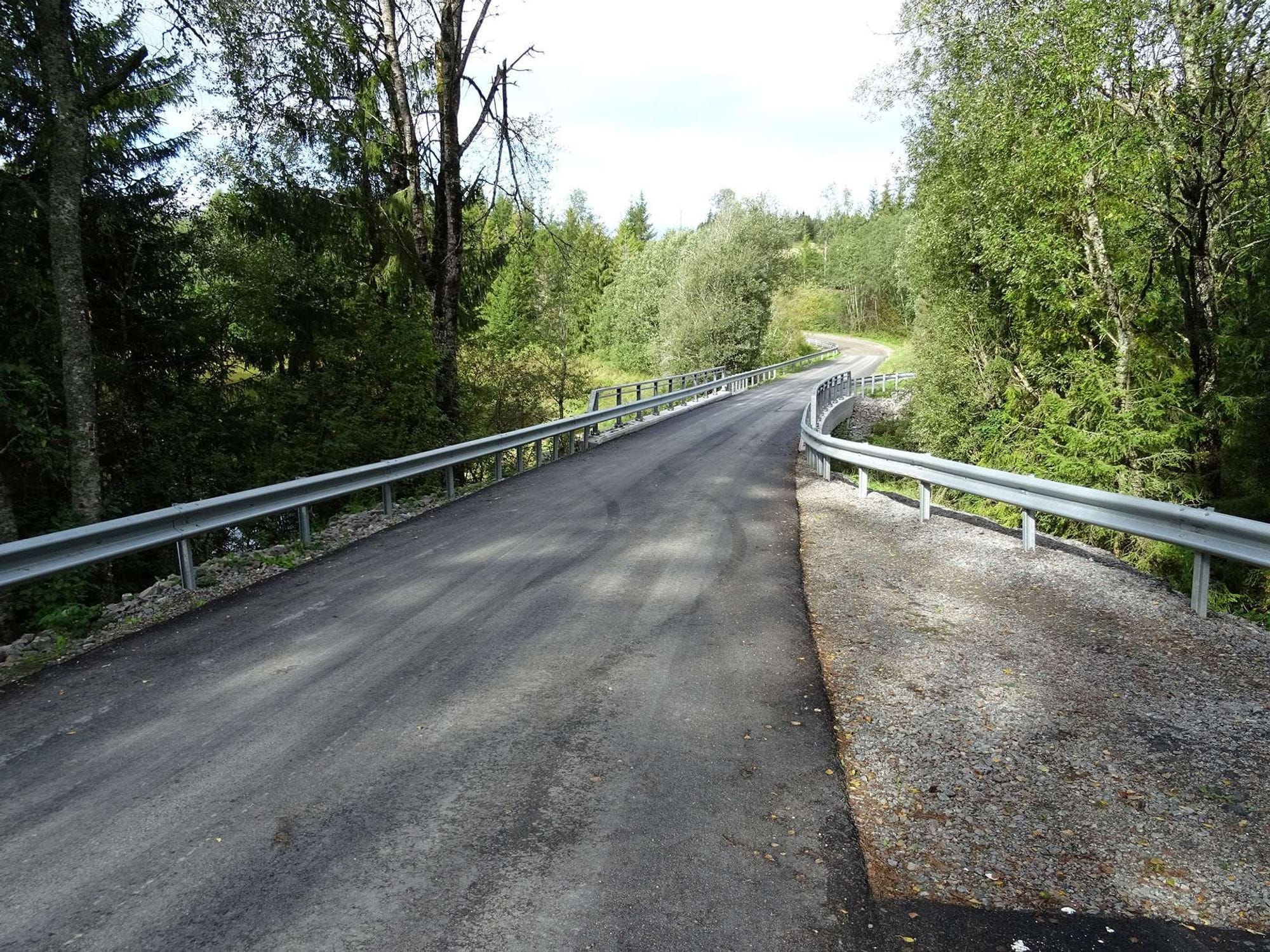 On the top of Tinn bridge after rehabilitation. A road over the bridge seen with new railings going over the bridge throught a green forest.