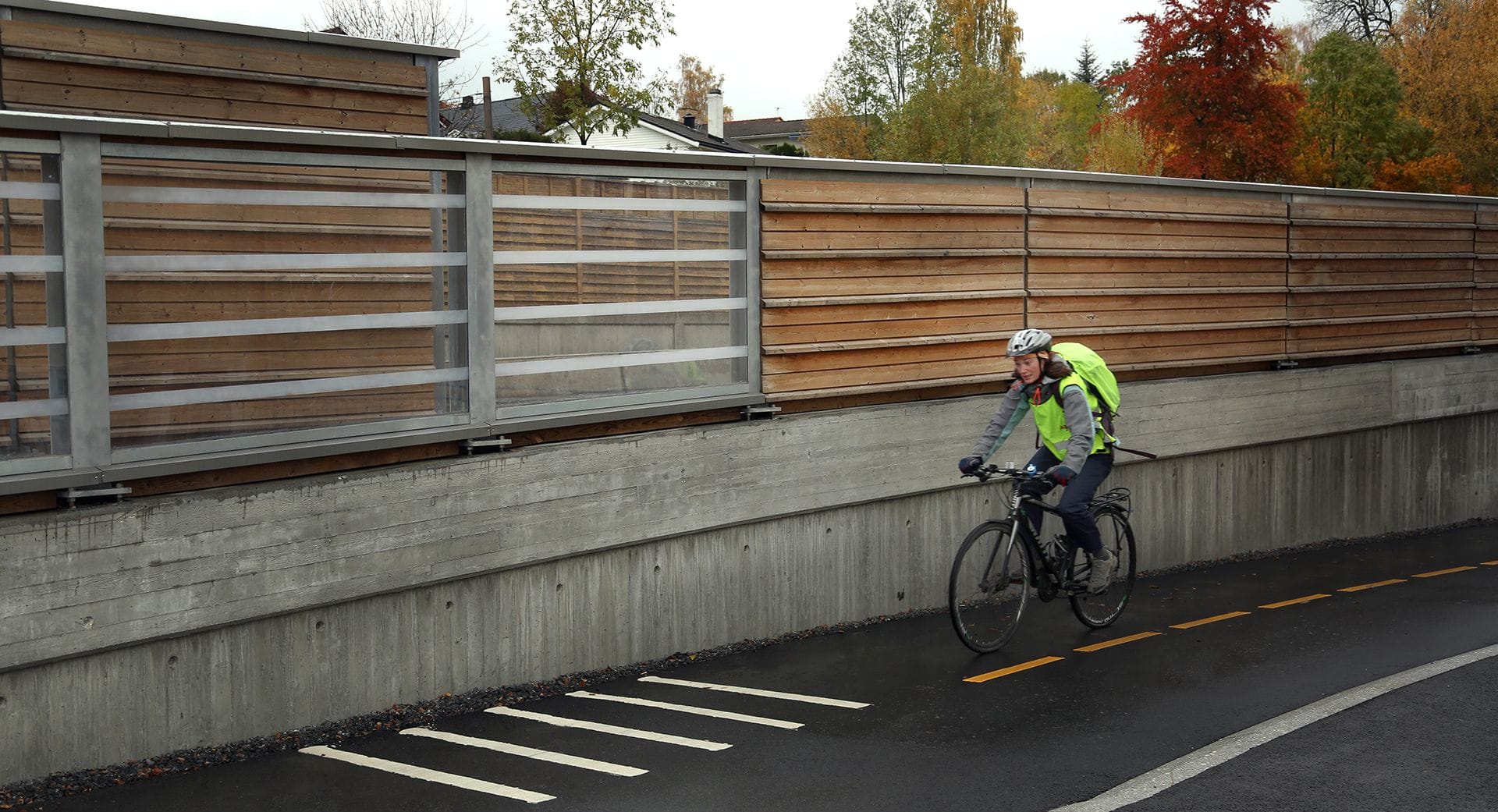 Man cycling on a pedestrian bridge