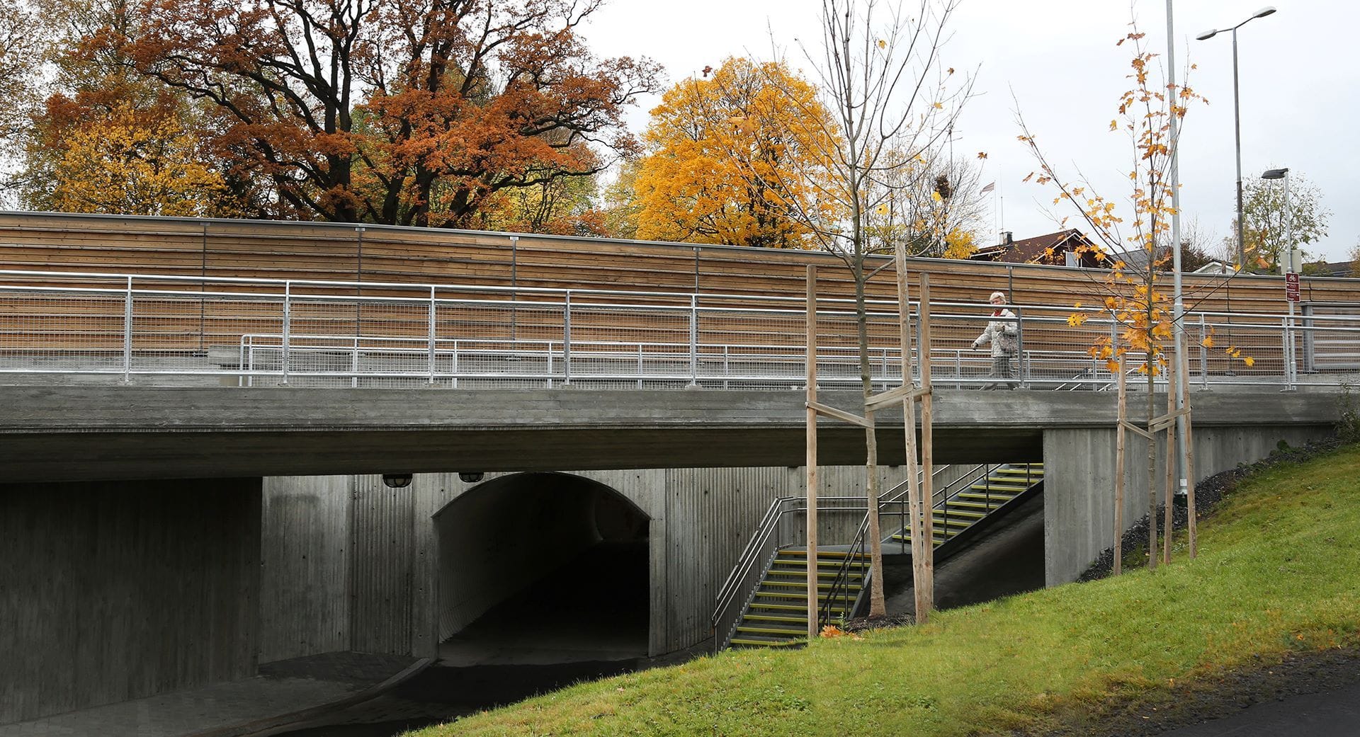 A pedestrian bridge in a green urban environment in autumn