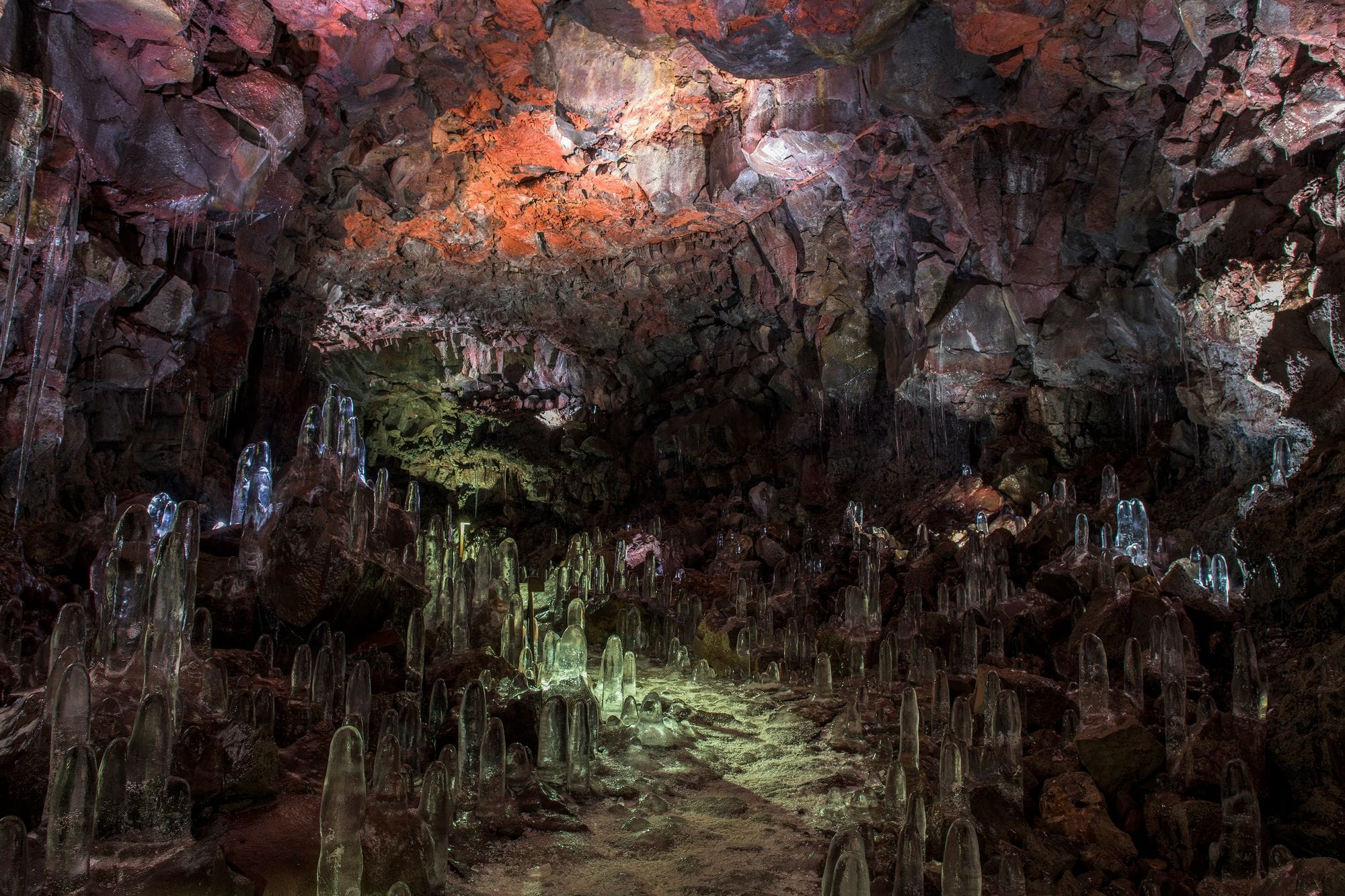 Multiple lights flashing in a cave