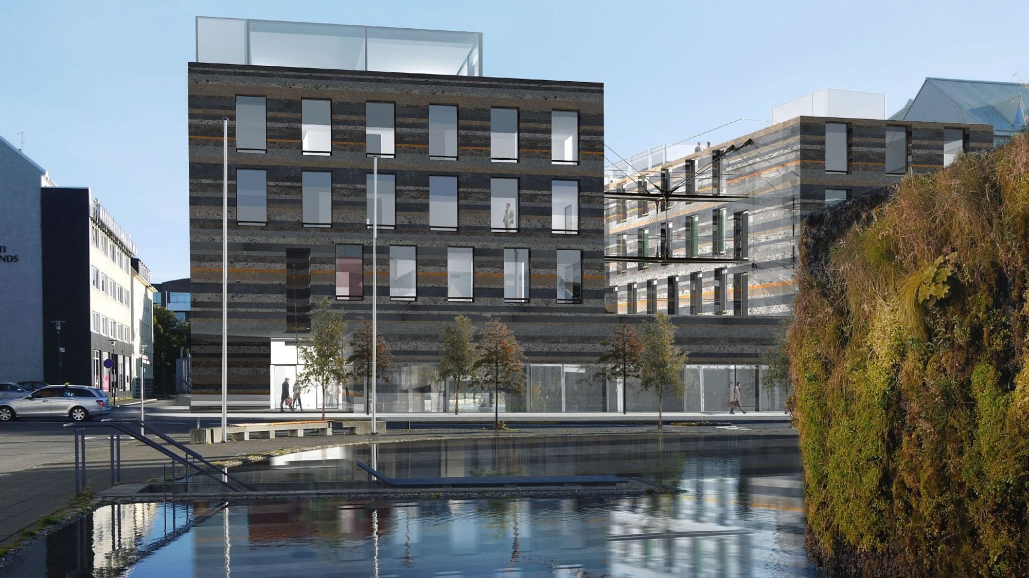 Rendered box shaped building in a city environment