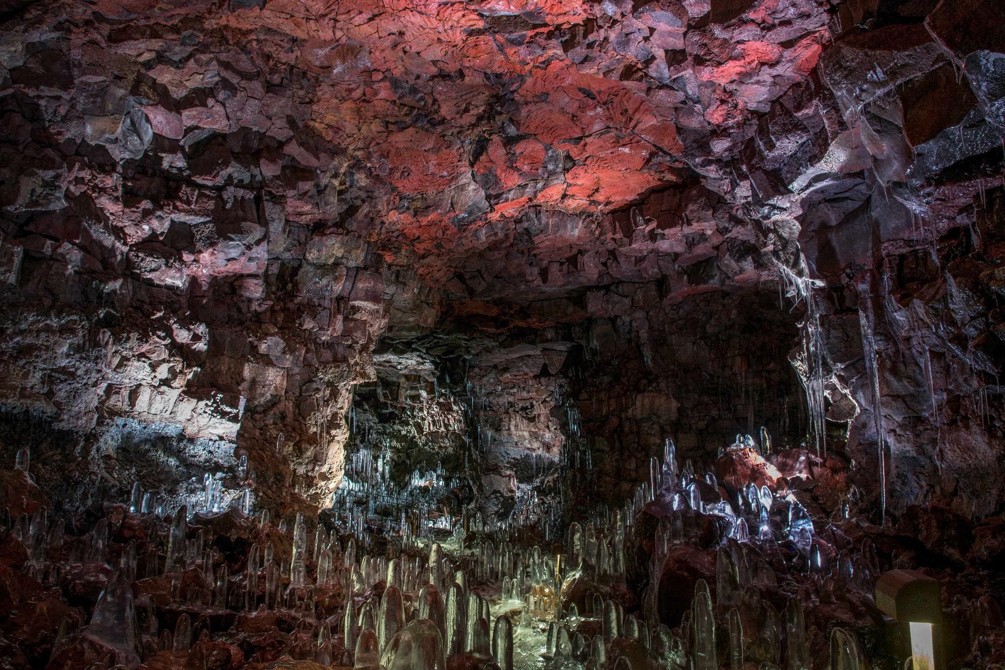 Inside a red, purple and green cave