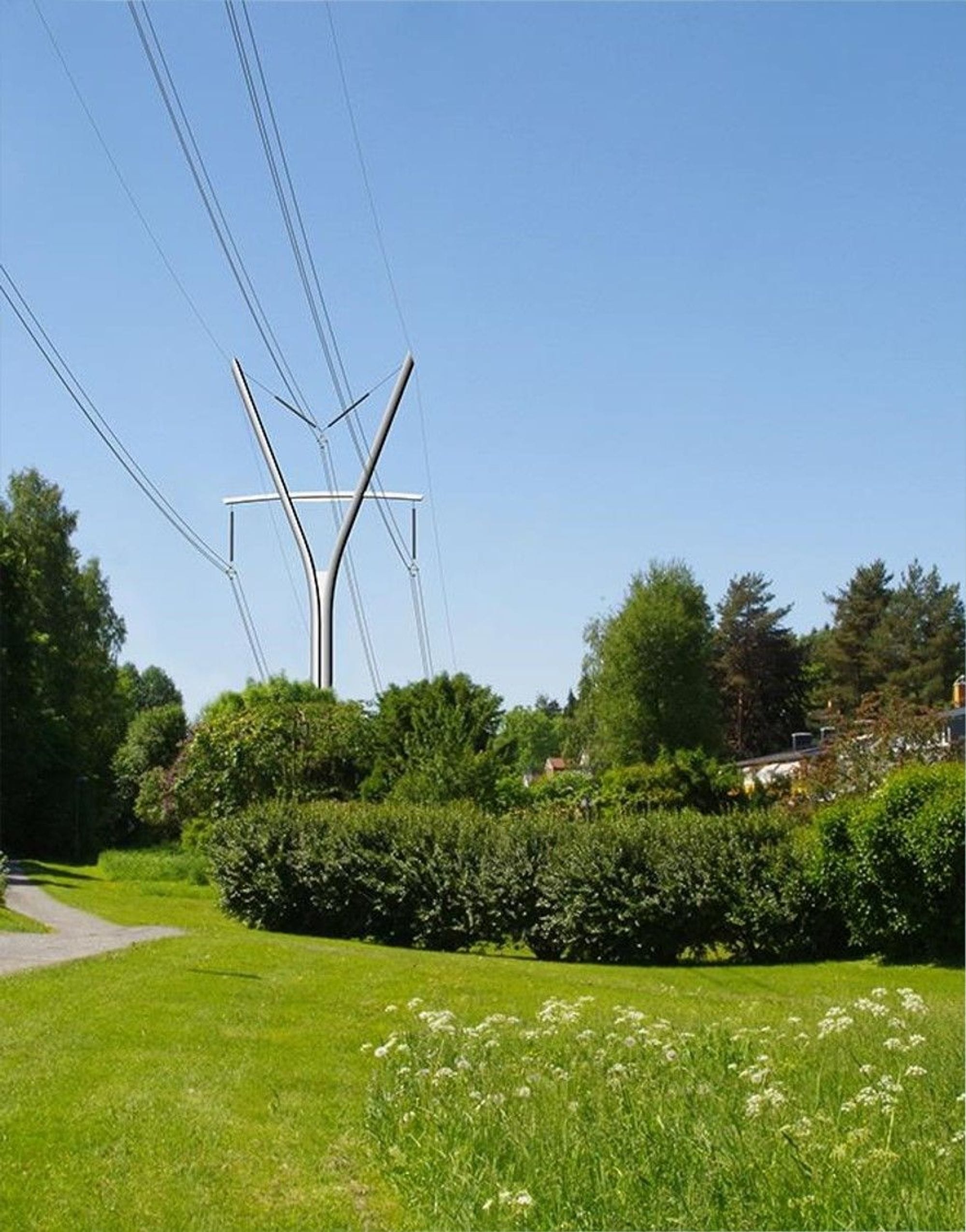Design mast surrounded by green trees and blue skies. 