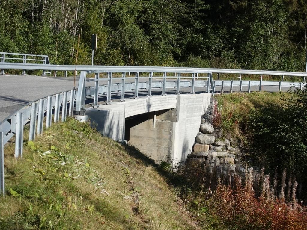 Snartum bridge after reconstruction seen from the side. New concrete and steel rails. Green forestry surroundings.