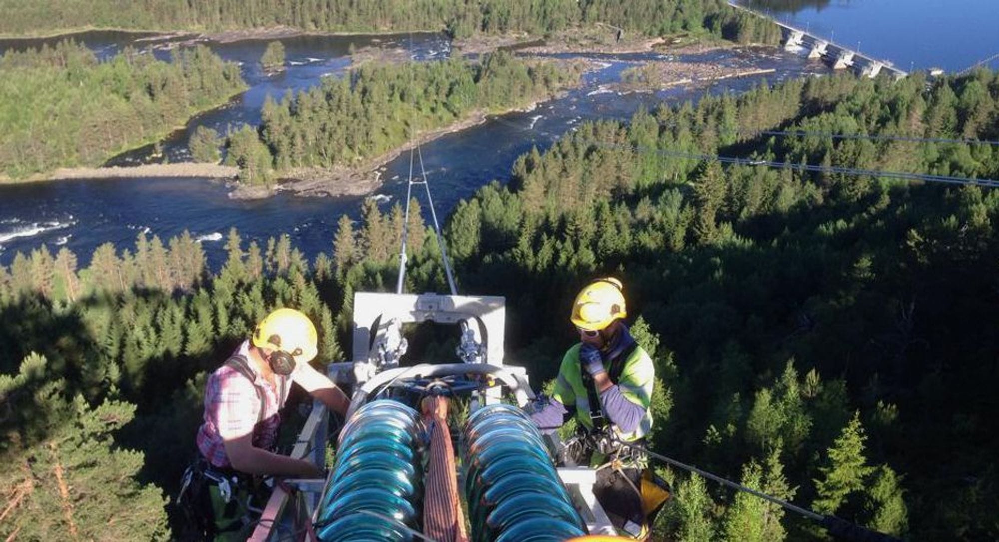 two people  in security outfits working on an electrical mast above a woodland