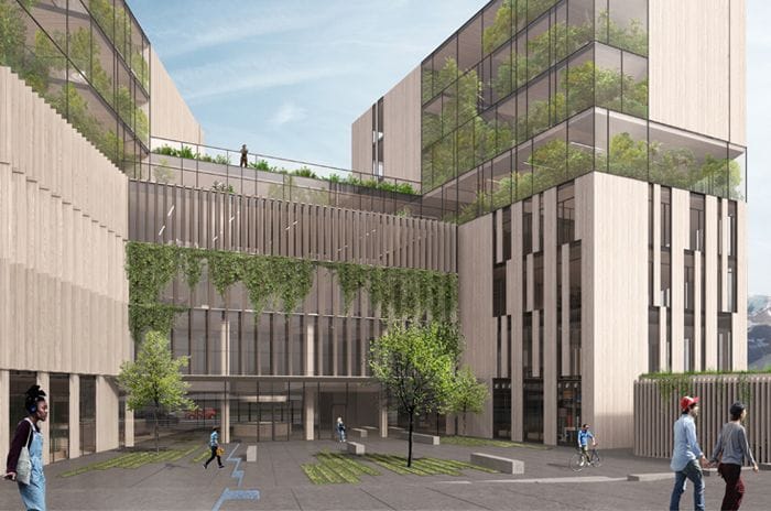 Rendered picture of a box structured building with beige surface walls, glass, and plants