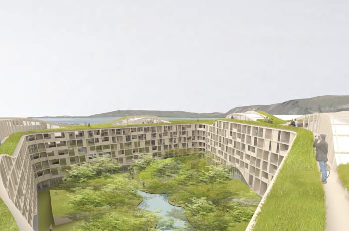 3D picture of an O-shaped building 