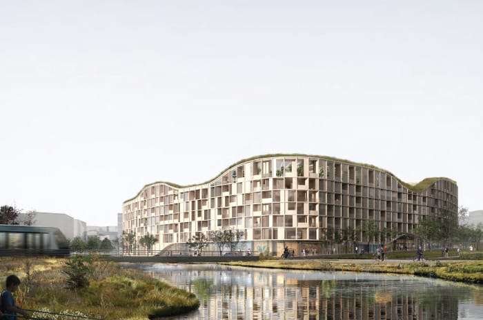 3D picture of a building facing a lake