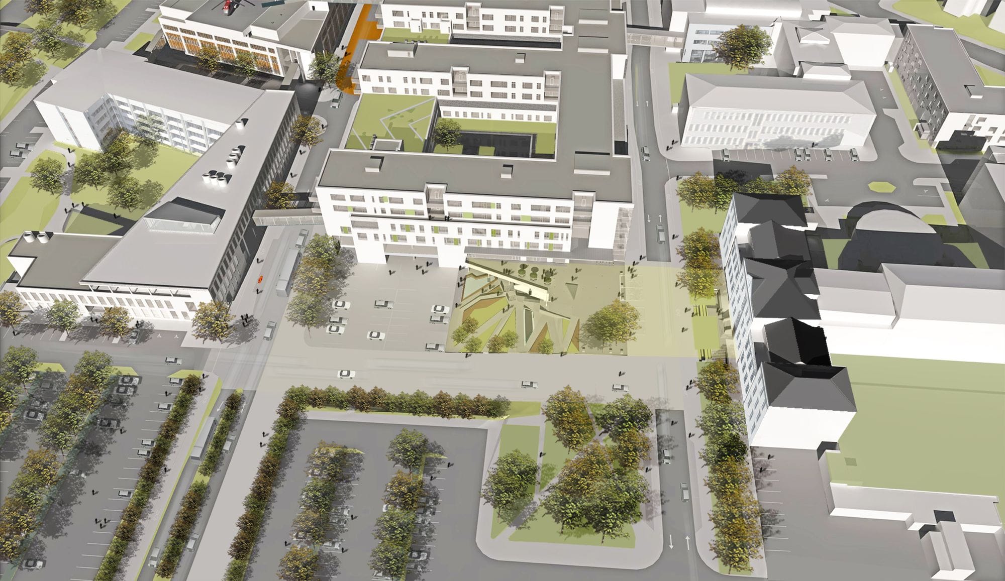 3D picture of a  neighborhood with buildings and trees 