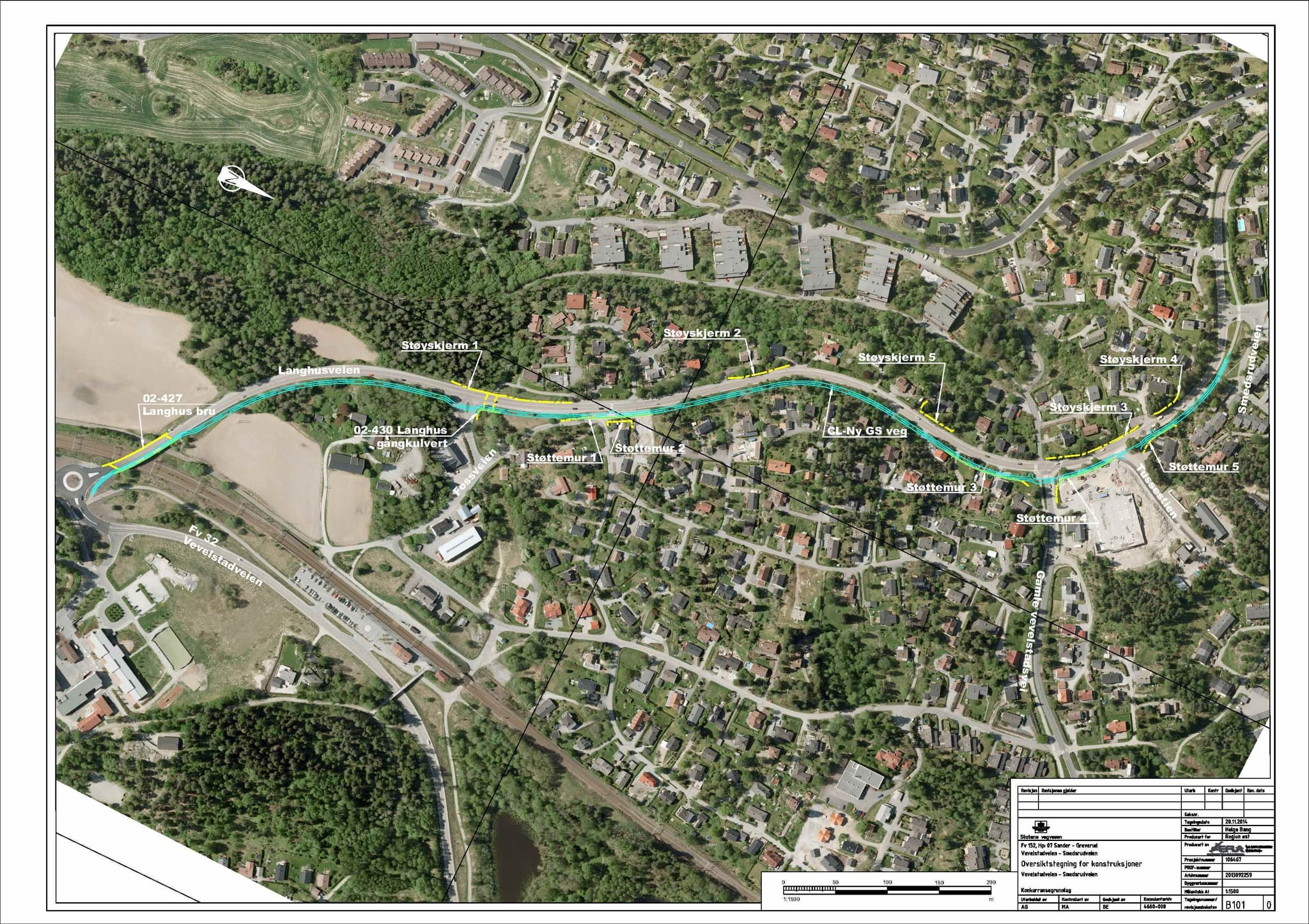 Aerial photograph of an area where a blue-green and winding line has been marked as a reference to the path of the pedestrian and cycling path