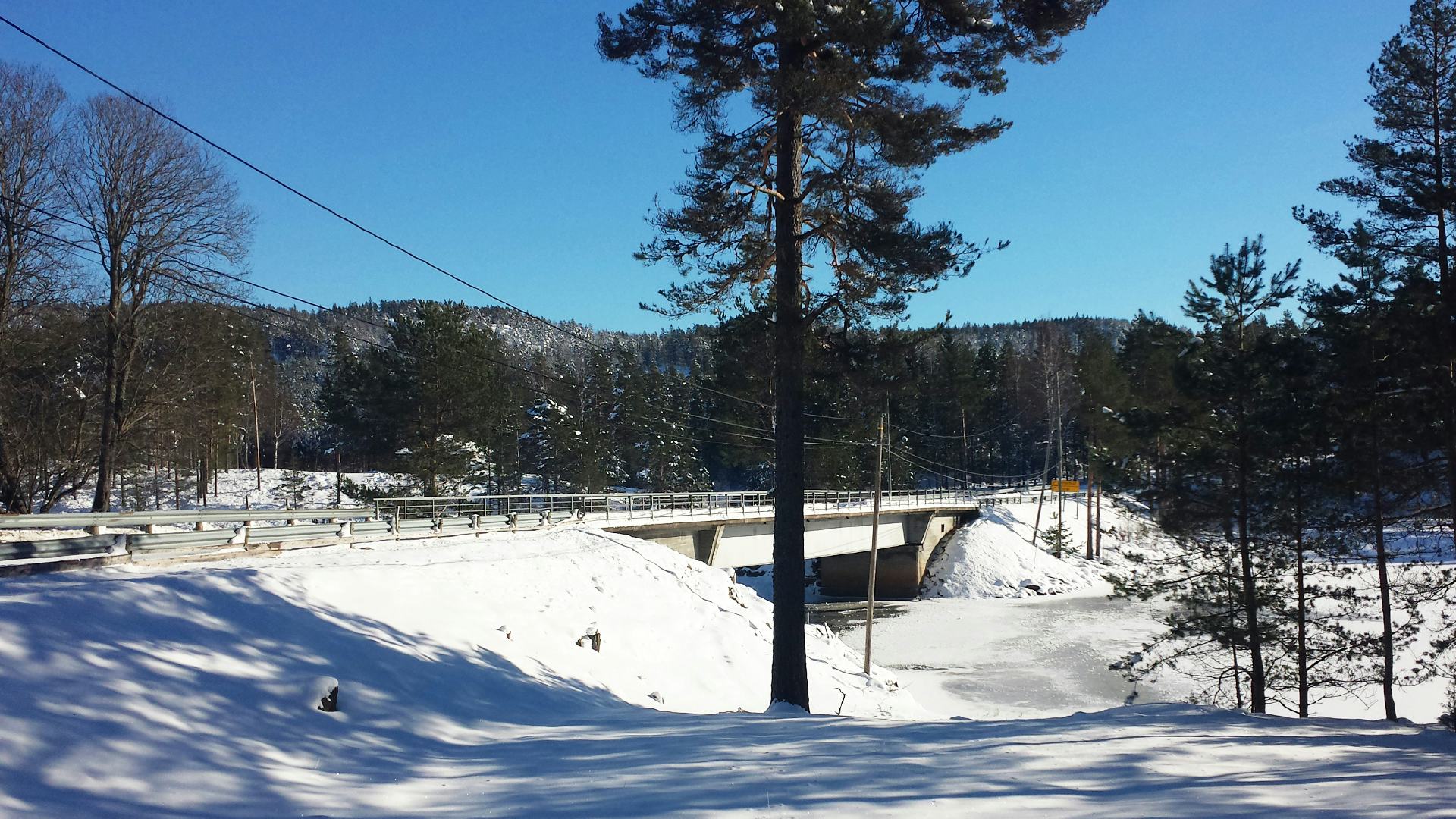 A bridge over a frozen river, snow all around, trees in the foreground, power lines along the bridge and woodland in the background