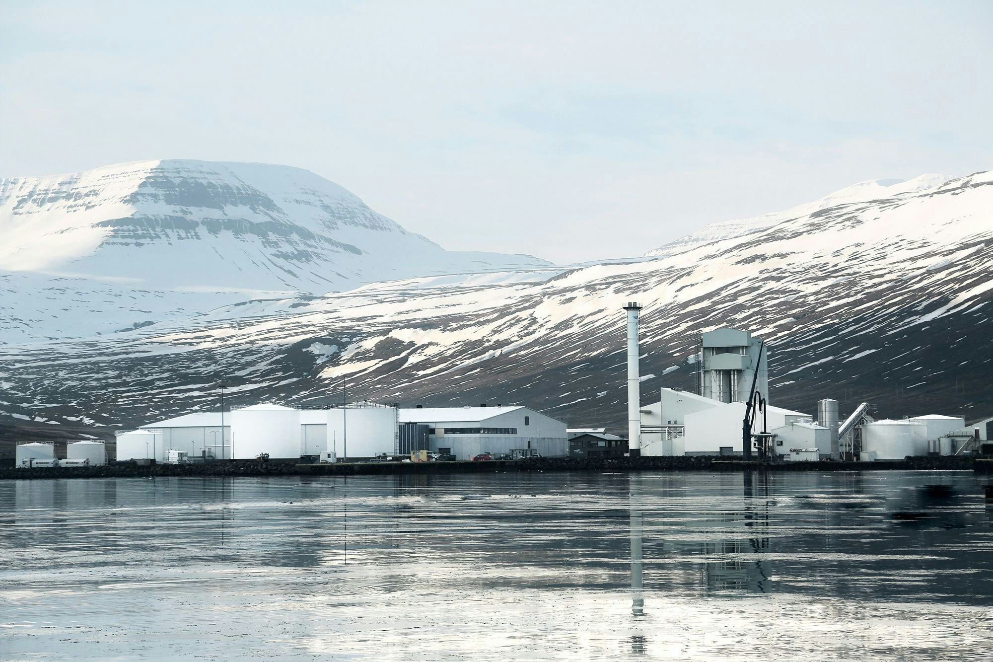 A factory in a port area, white buildings - the sea in the foreground, snow covered mountains in the background, a cold day