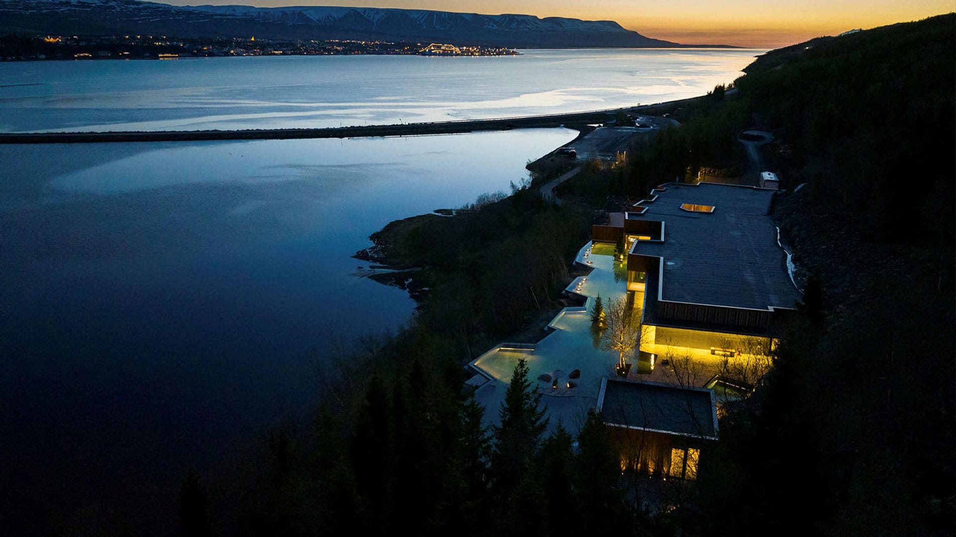 a night view of a geothermal lagoon located at sea level 