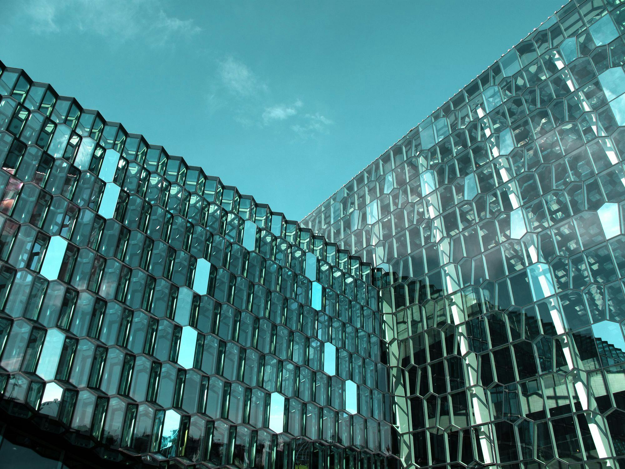 Image of Harpa Concert hall walls with sky in the background