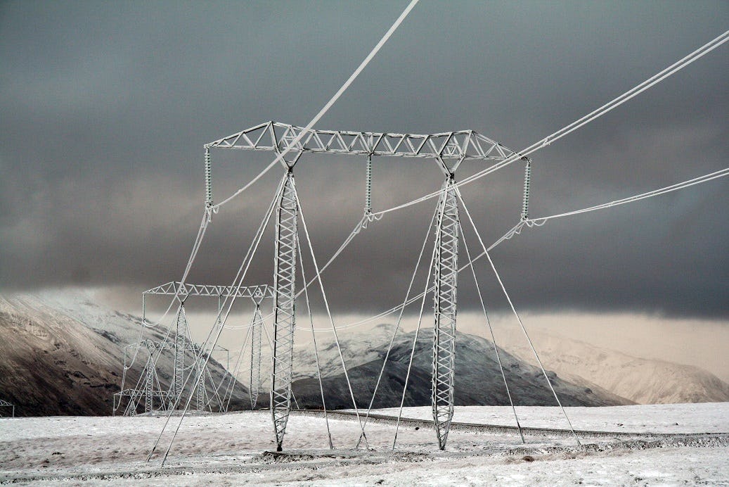 Close up picture of  power lines during winter