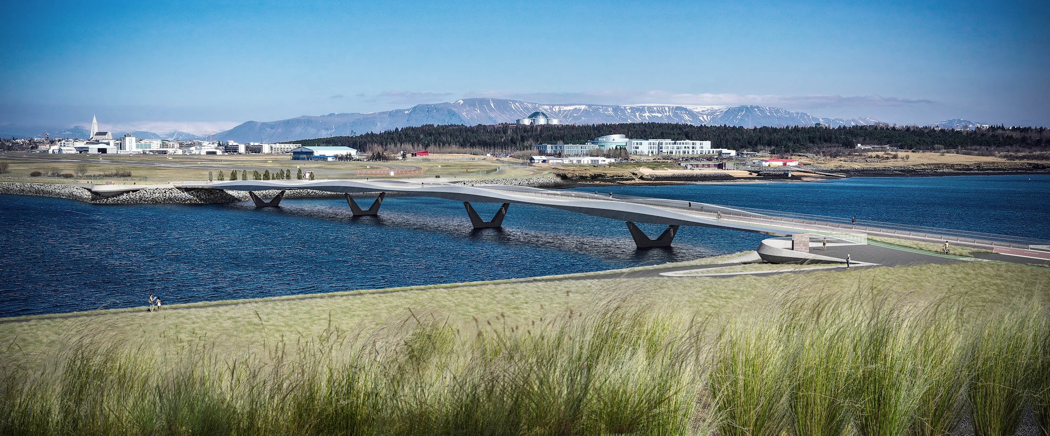 Alda; a bridge over the ocean, Reykjavík city in the background and mountains even further a way