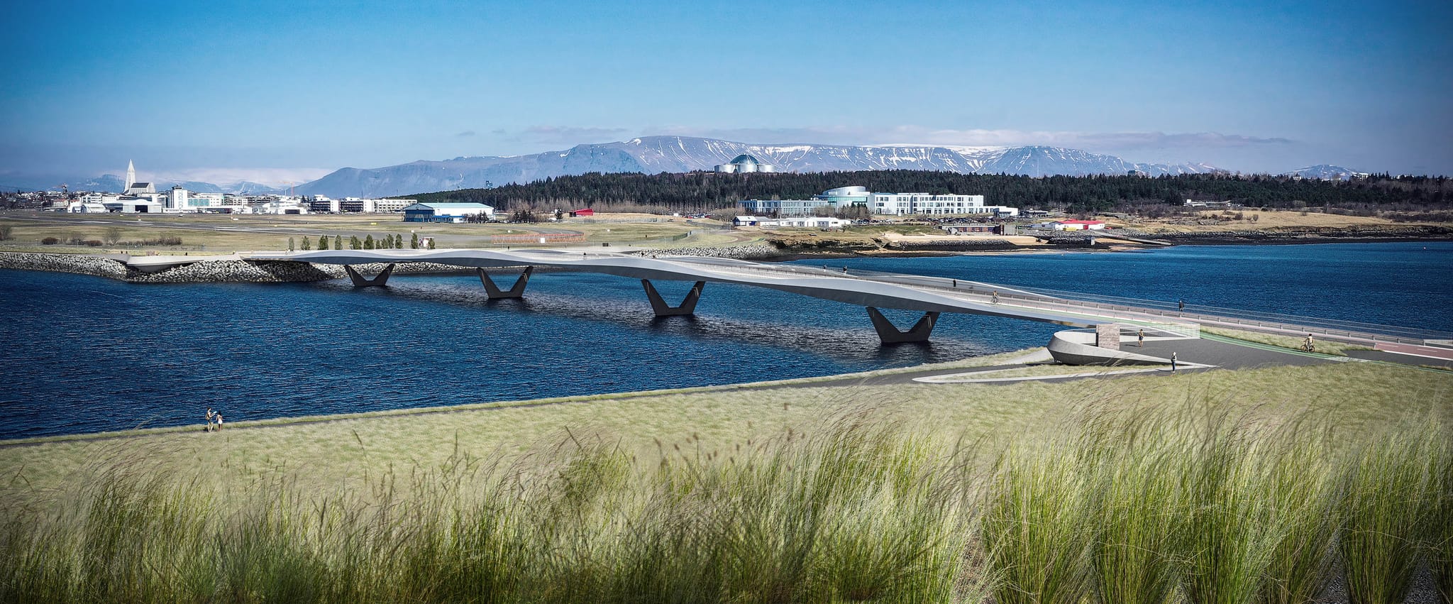 Alda; a bridge over the ocean, Reykjavík city in the background and mountains even further a way