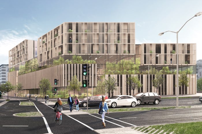 3D picture showing a modern building, traffic lights, cars, people walking and biking 